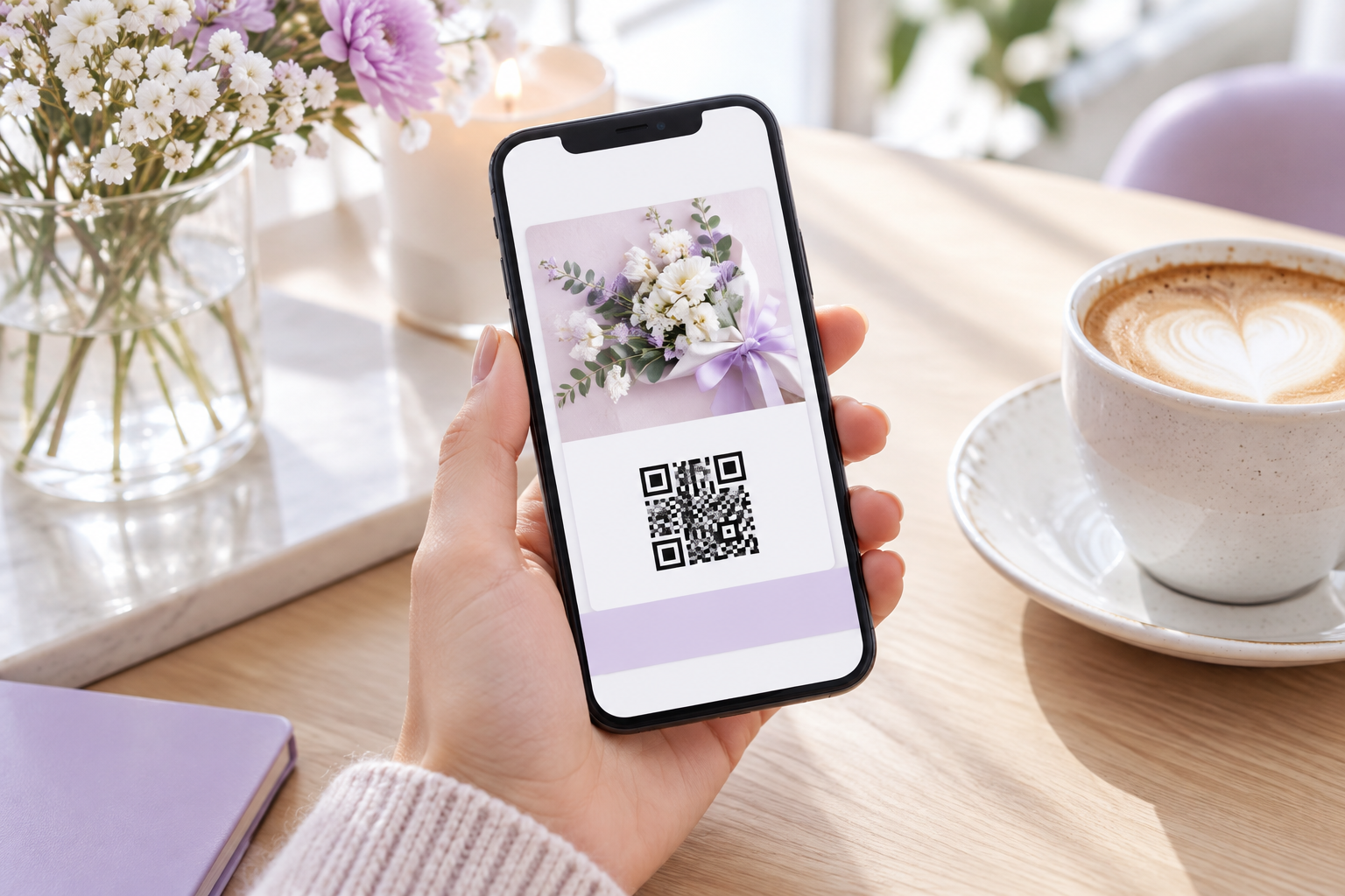 A smartphone screen displaying a digital gift card with a floral design and a QR code, held by a han