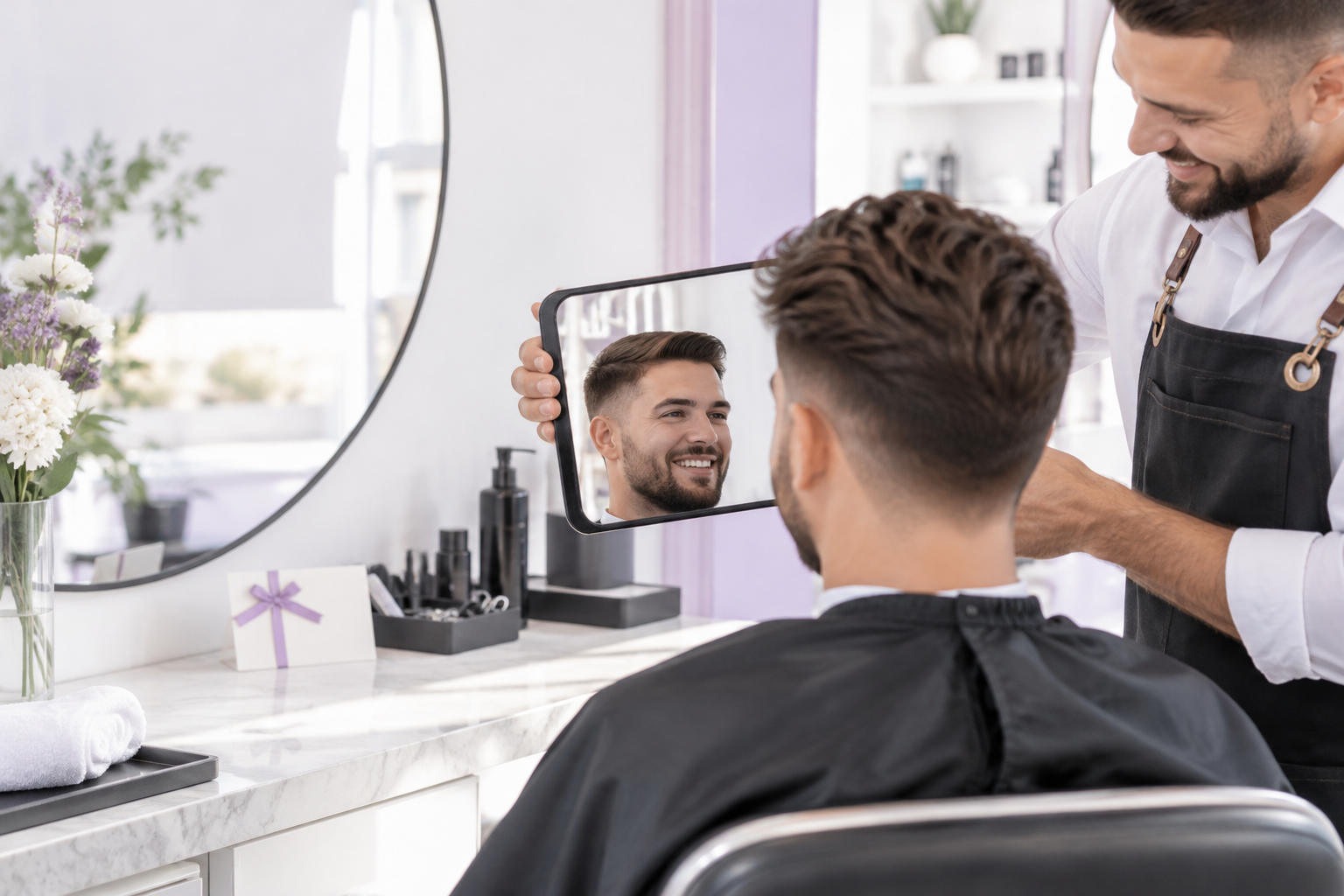 A barber finishing a haircut and showing the result in a mirror to a client, while a gift card sits 