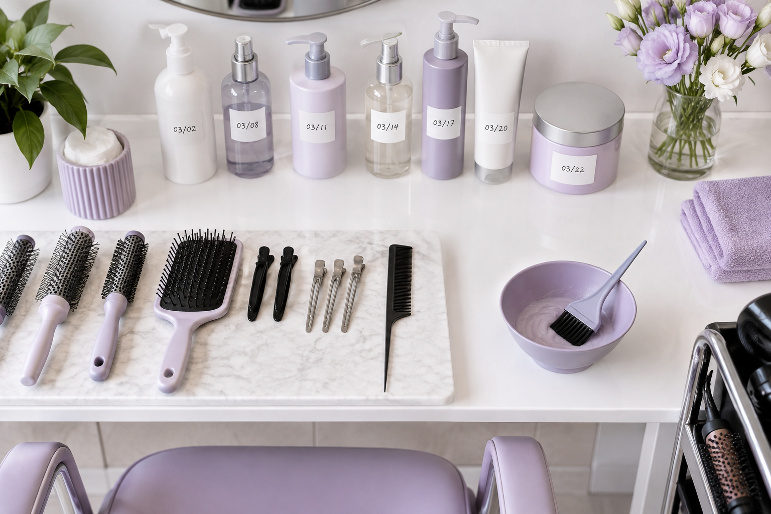 A top-down view of a workstation in a hair salon showing organized tools and a row of hair products 