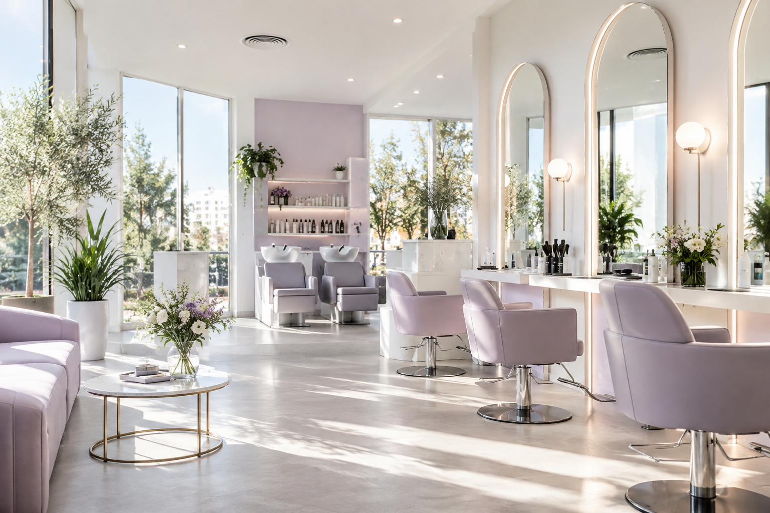 A modern hair salon with large windows open and a subtle mechanical ventilation vent on the ceiling,