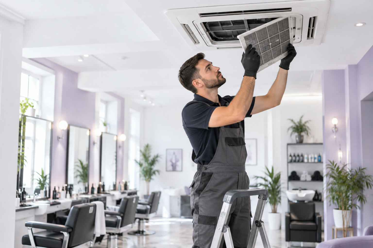 A technician cleaning the filters of a ceiling-mounted air conditioning unit in a barber shop, focus